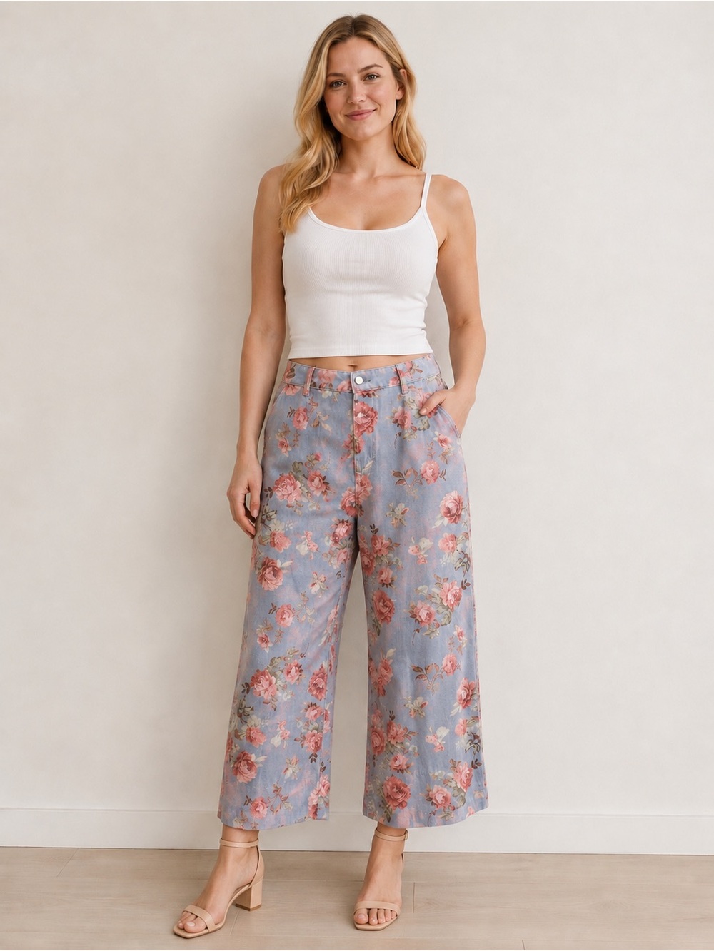 Loveimgs Floral Wide-Leg Crop Pants in Dusty Blue